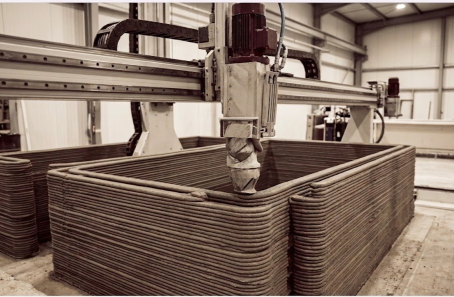 3D concrete printer building a structural shell — additive construction in action